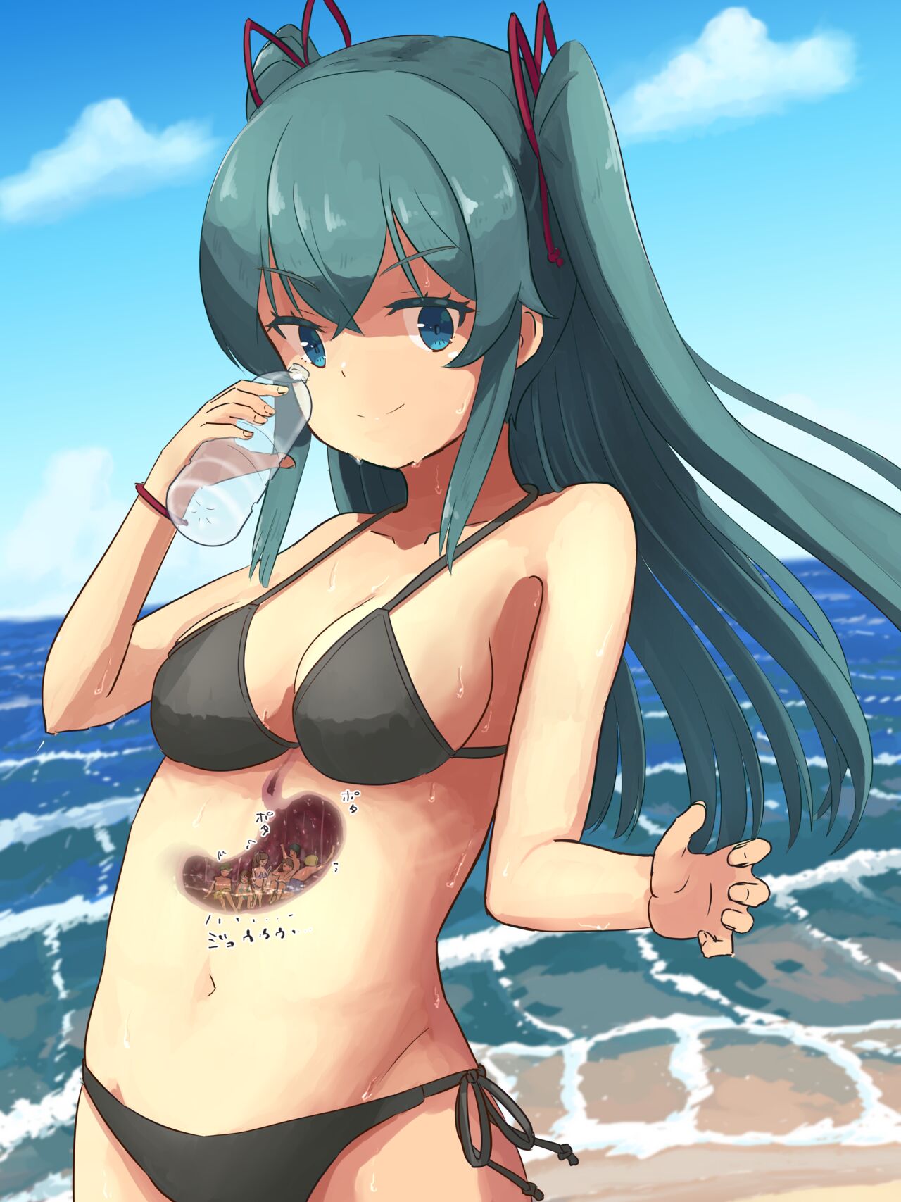 縮小した海水浴客をお水と一緒に飲み込んじゃう女の子 page 2 full