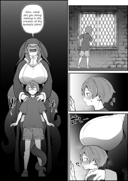 A shadow creeps up on the shota who sneaks a peak into the tentacle shop