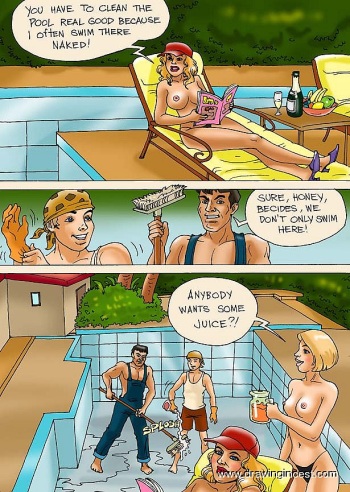Family members please each other near the swimming-pool cover