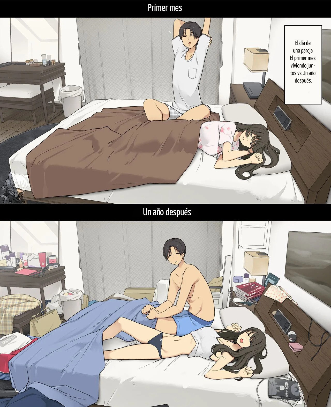 Dousei Seikatsu Ikkagetsume to Ichinen Ato, Asaokite kara Shuushin made no Hikaku | A Day in the Life of a Couple: Their First Month Living Together vs. One Year Later page 1 full